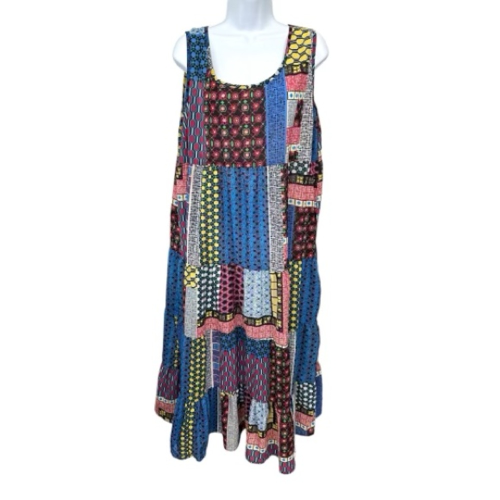 Sleeveless Patchwork Midi Dress in Blue and Multicolor